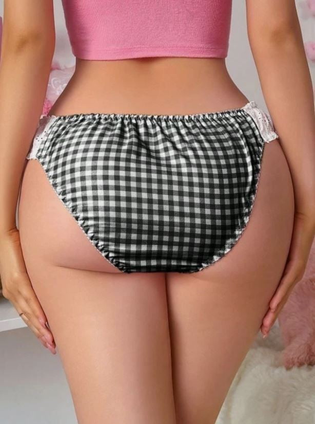 Women's black Gingham Bikini Panties Bow Lace Trim sissy unisex size XL UK 16-18