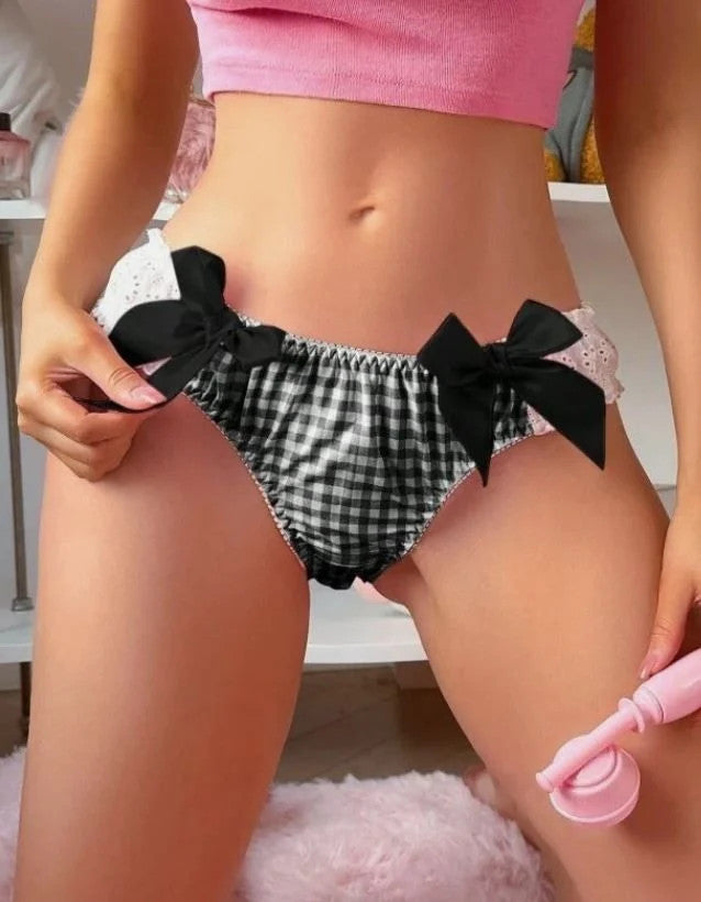 Women's black Gingham Bikini Panties Bow Lace Trim sissy unisex size S UK 8