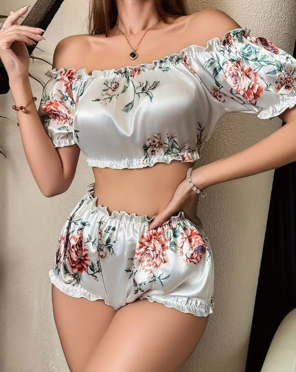 Silky Satin Floral Lingerie Set Off Shoulder Crop Top Shorts PJ size XL UK 16-18