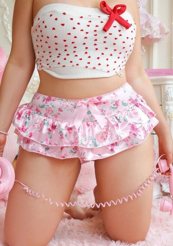 Womens plus size floral satin knickers skirt ruffles panties soft silky feel