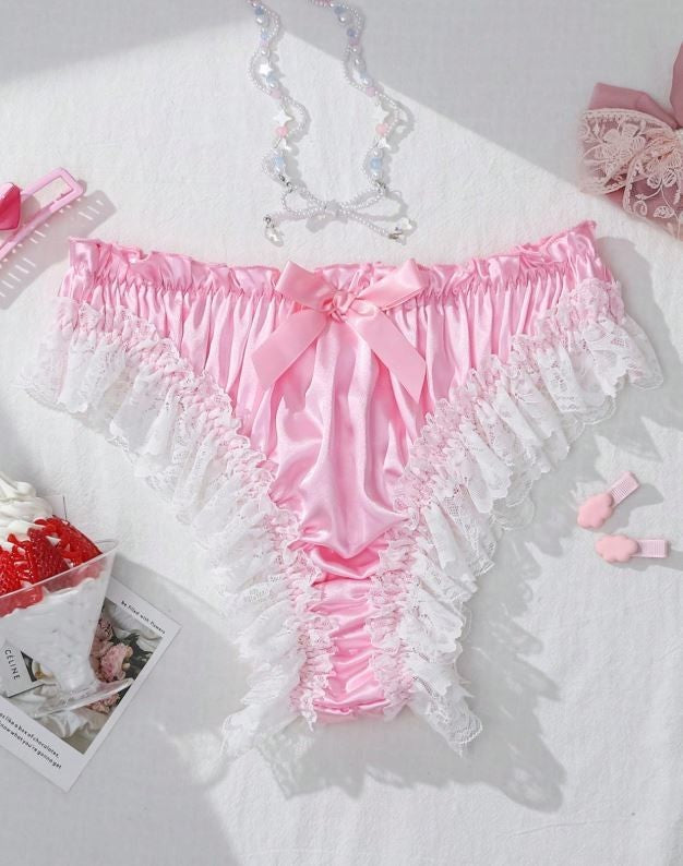 Womens silky feel pink satin panties ruched bum knickers lace trim size 12/14(L)