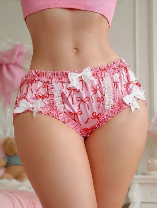 Pink Satin Bow Print Ruffle Panties silky feel Coquette knickers sissy size 10 M