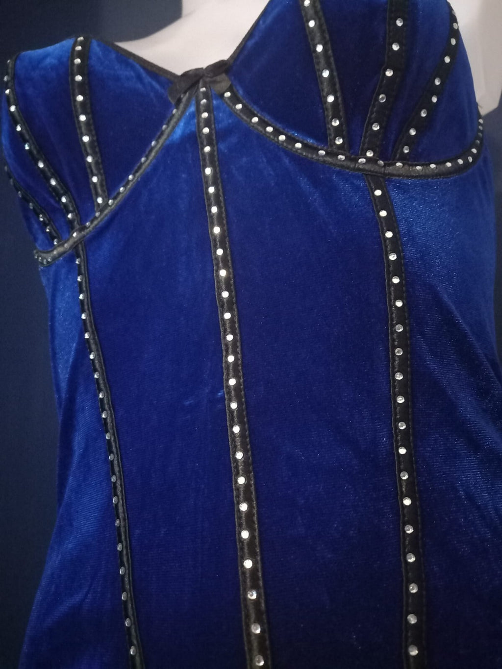 Women Royal Blue Velvet Bodysuit Studded Corset Style Adjustable Straps size 8-S