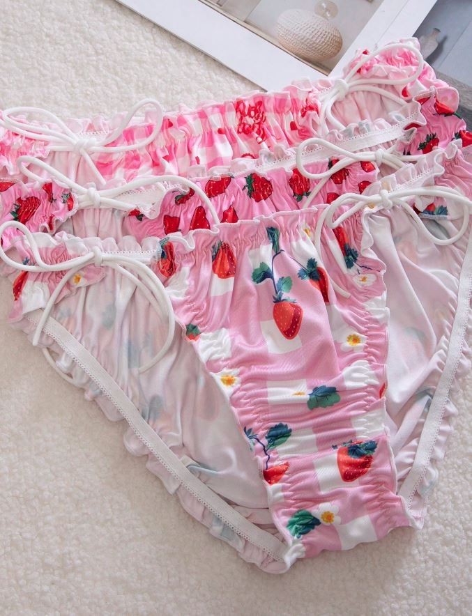 Sexy soft silky feel satin knickers side ties fruity frill trim UK 8 / S sissy