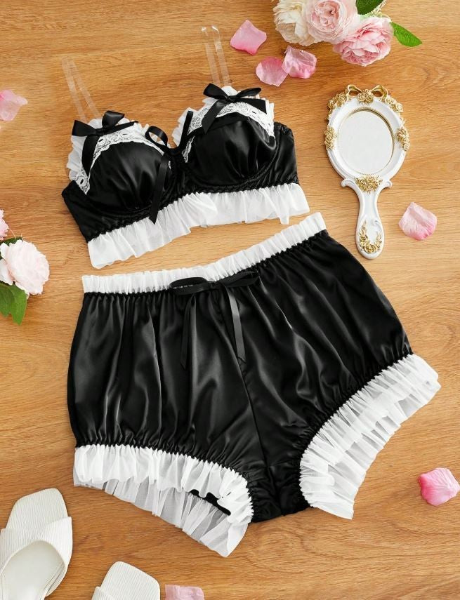 Glossy silky feel panties satin knickers bra black set sissy bridal size 12/14 L