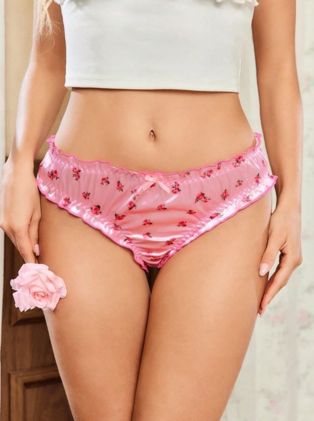 Silky feel Satin Floral Knickers Briefs pink lettuce trim sissy size 12-14 / L