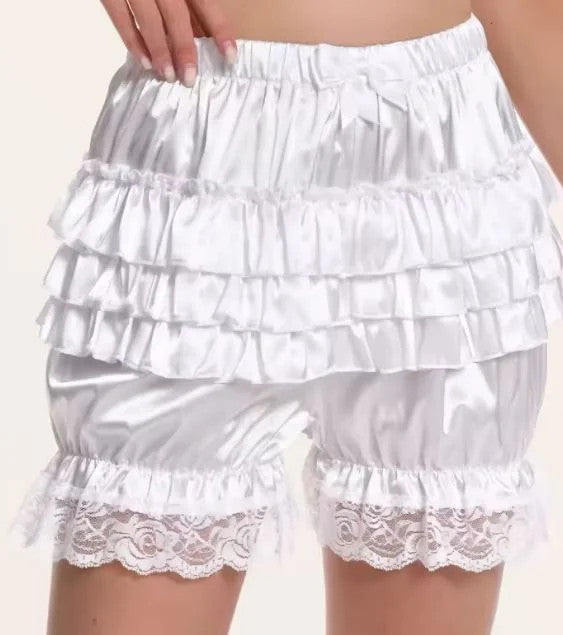 Silky satin bloomers WHITE shorts pants ruffled touch of lace sissy size S/UK 8