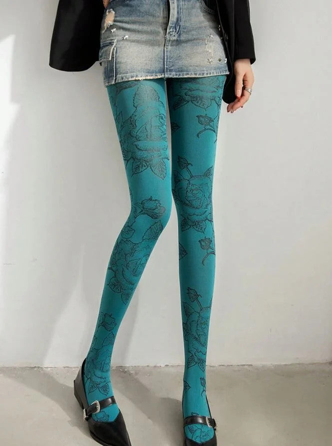Sexy blue tights black floral print one size fits S-M all seasons