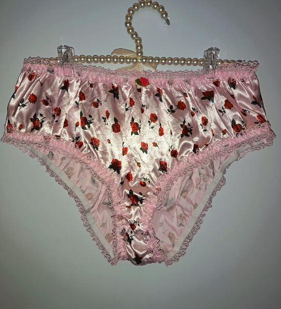 Pink Satin Rose Print Frilly Knickers Lace Trim Vintage panties size XL 16-18