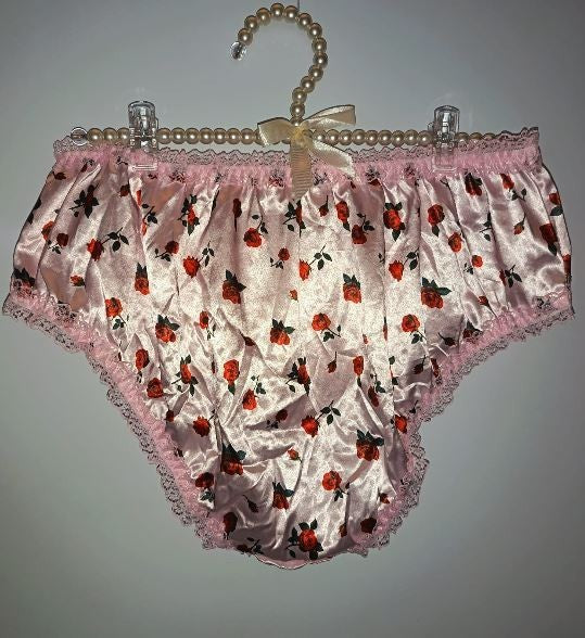 Pink Satin Rose Print Frilly Knickers Lace Trim Vintage panties size L 12-14