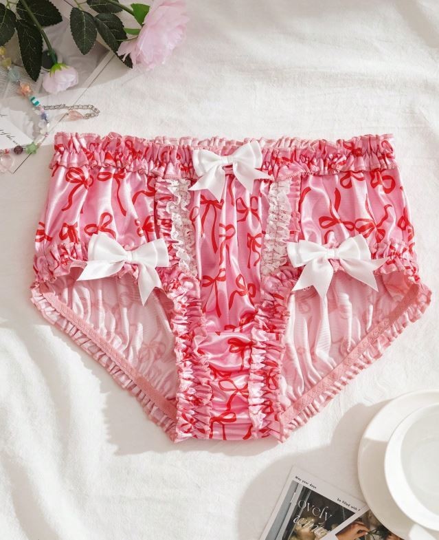 Women's pink satin knickers bowknot print silky feel panties lettuce trim sissy
