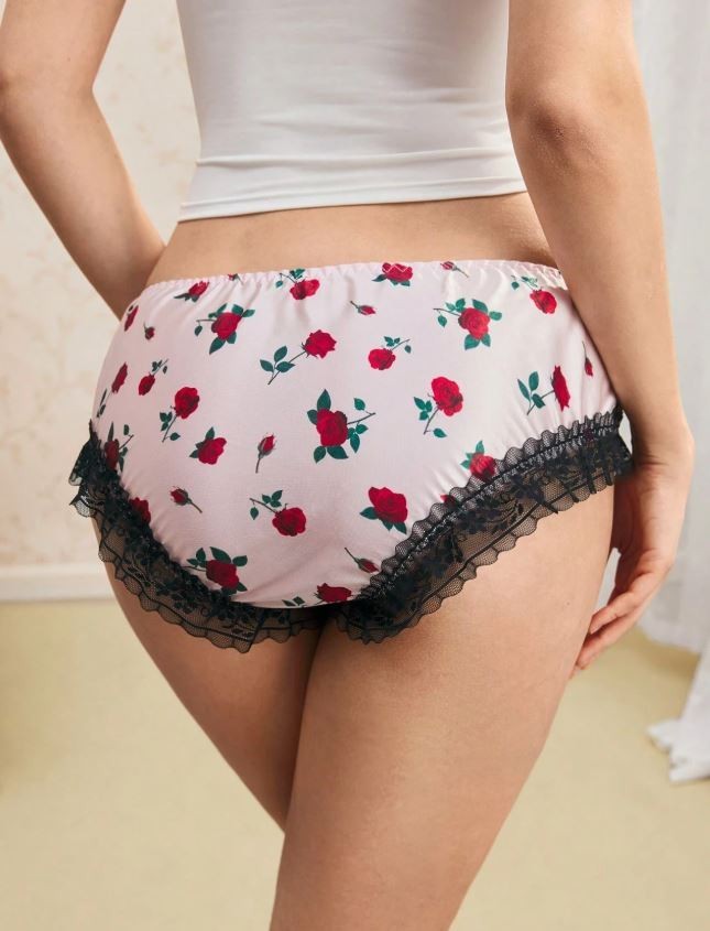 Women's floral lovely satin glossy knickers silky feel panties ruffle trim sissy