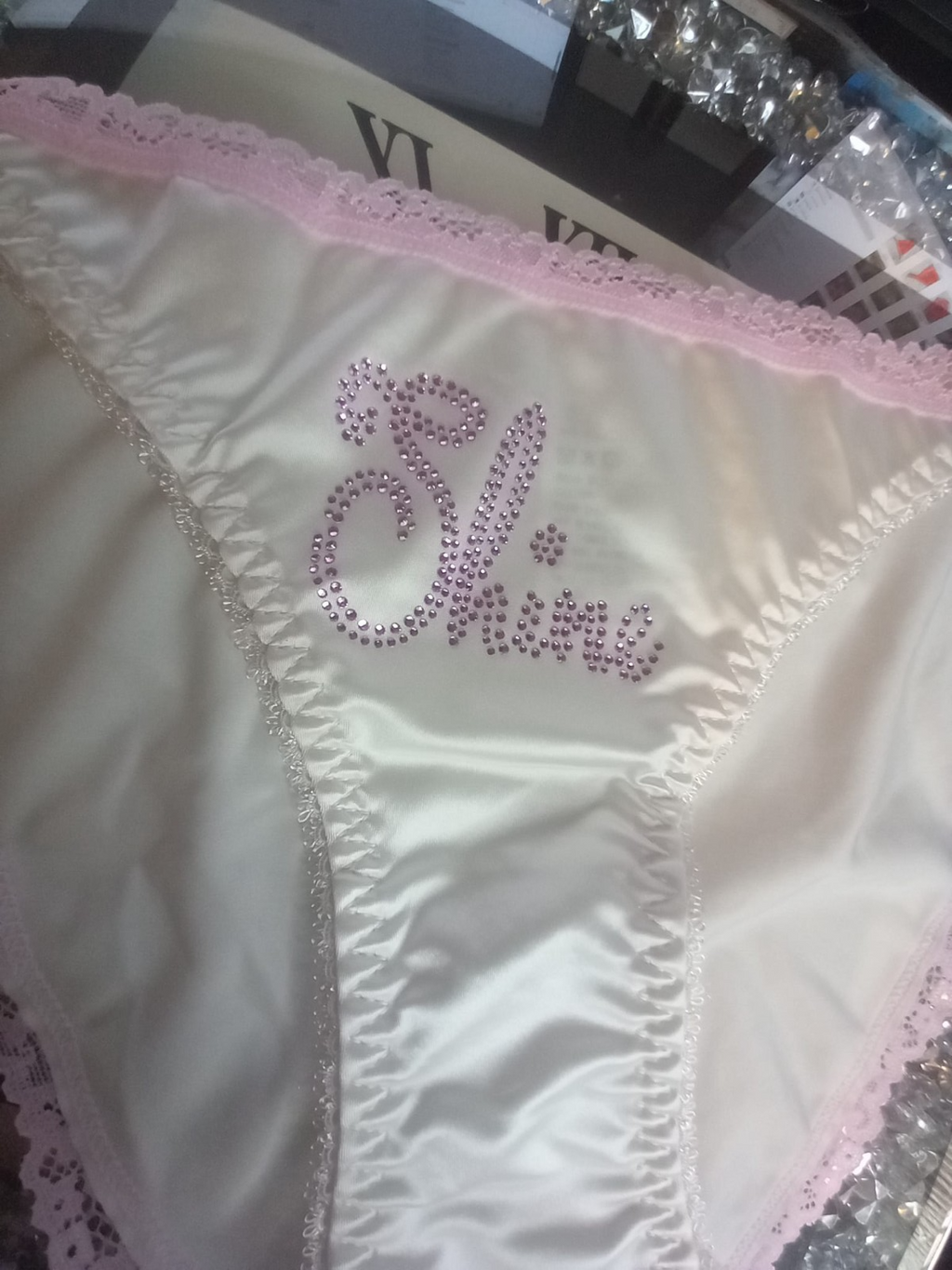 Women's white soft silky feel satin tanga panties SHINE print sissy size 10 (M)
