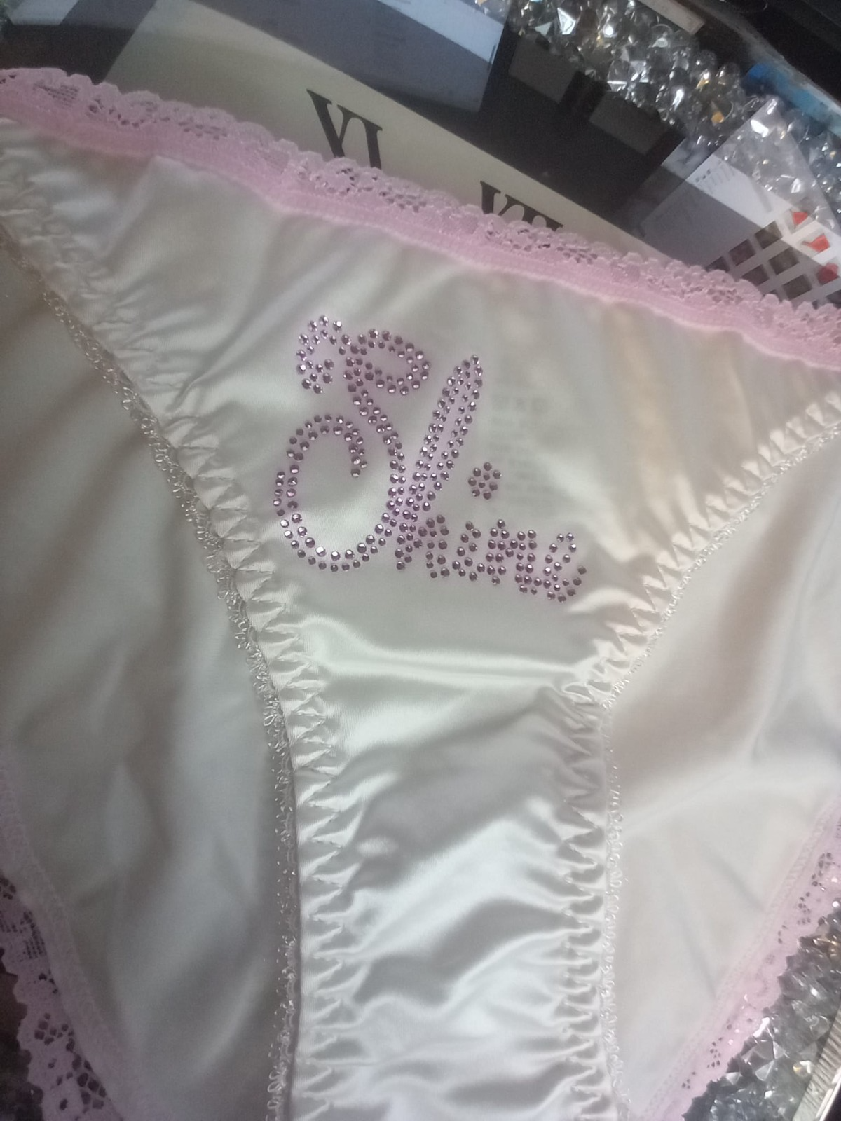 Women's white soft silky feel satin tanga panties SHINE print sissy size 10 (M)