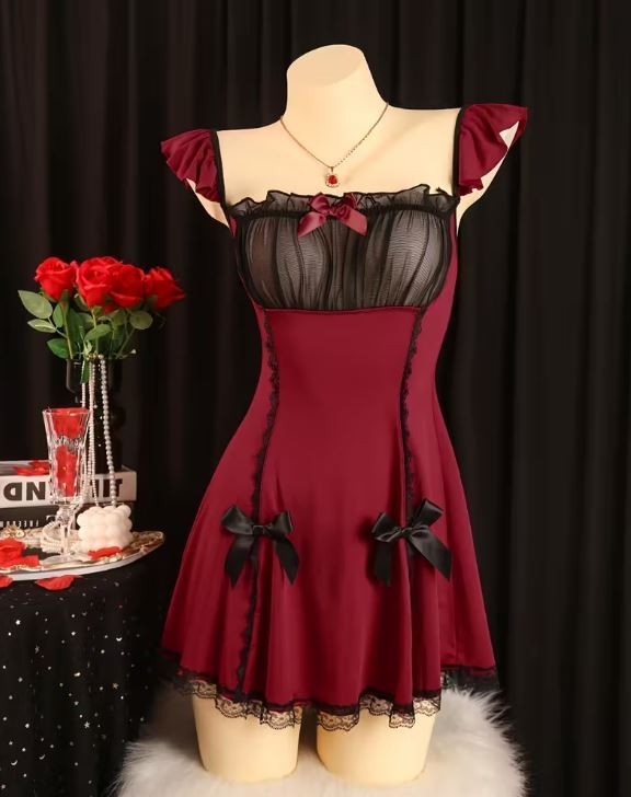 Size 10 M Sexy burgundy Maid Lingerie nightie Dress Lace Outfit cosplay sissy