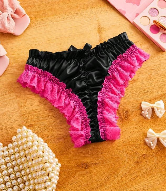 Silky feel black satin panties ruched bum knickers pink lace trim size UK 8 / S