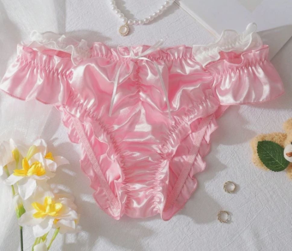 Pink Satin Ruffle Knickers Lace Trim Panties Soft Girly sissy size L UK 12-14