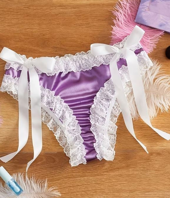 💜 Purple Satin Lace frilly trim Knickers Bow Tie Side panties sissy size M 10