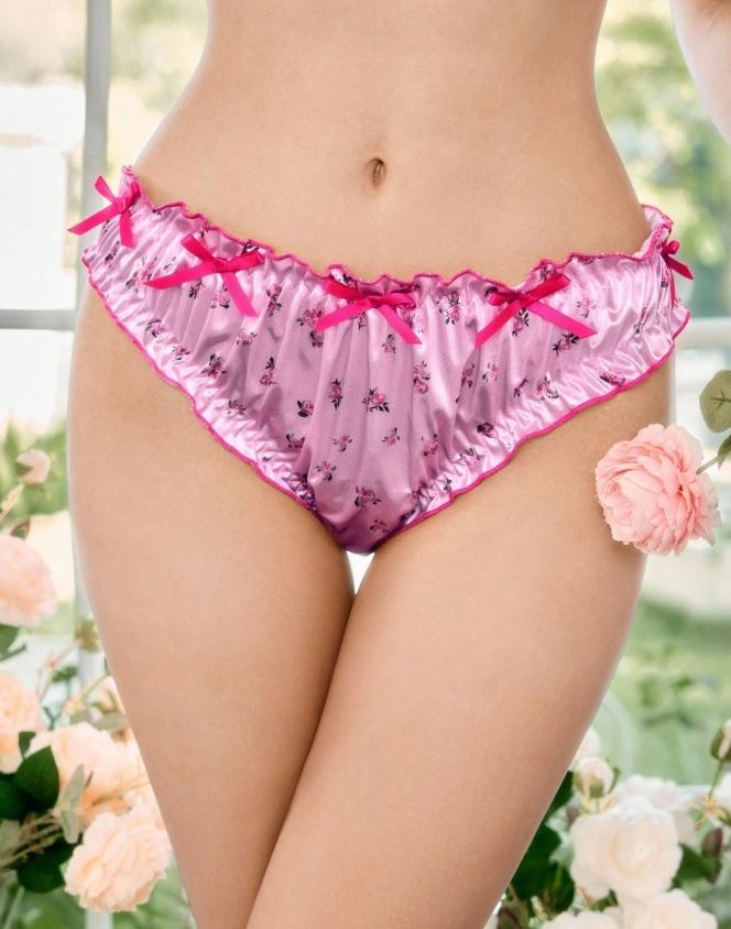 Women floral print pink silky feel satin bows décor panties sissy size 12/14 (L)