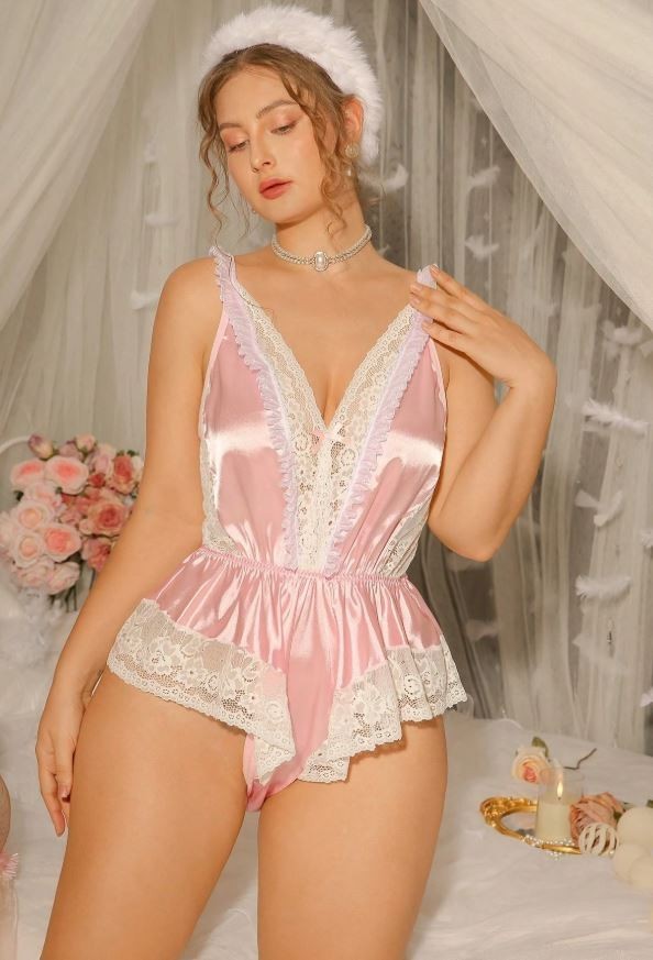 Women’s Pink Satin & Lace Teddy Bodysuit Deep V Babydoll Lingerie size XL 16-18