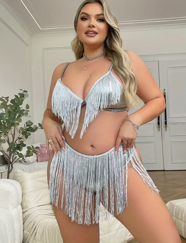 PVC feel Silver Fringe Lingerie Set Women Tassel Bra knickers Plus Size 3XL 22