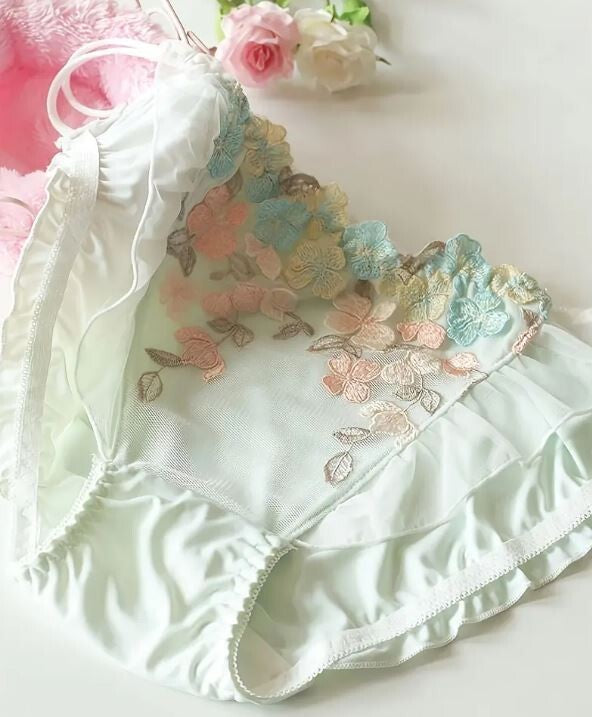 HOT! Japanese style soft silky feel satin lace tanga panties embroidered sissy