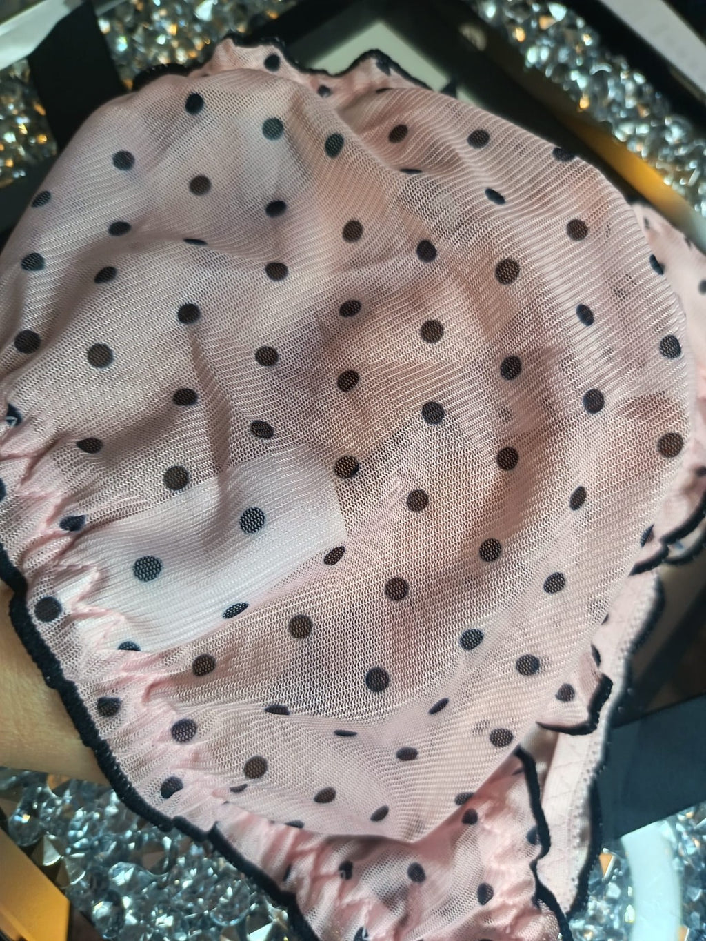 Sexy semi sheer panties pink polka dot knickers satin bow lettuce trim UK 10/ M