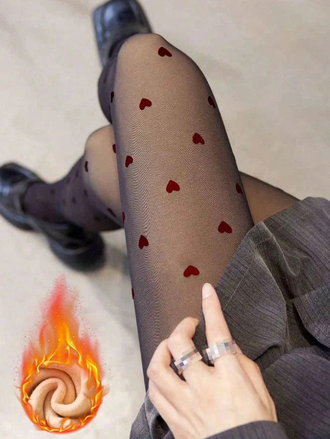 Sexy black tights elegant red hearts print 80D one size fits S-M all seasons