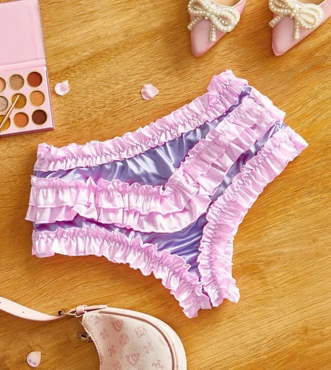 Silky feel Satin Frilly Knickers Briefs lilac ruffles pink frilly trim size 8/ S