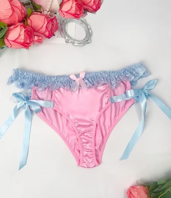 Satin Pink Lace Frilly Knickers Bow Tie Side Panties plus size XL UK 16-18