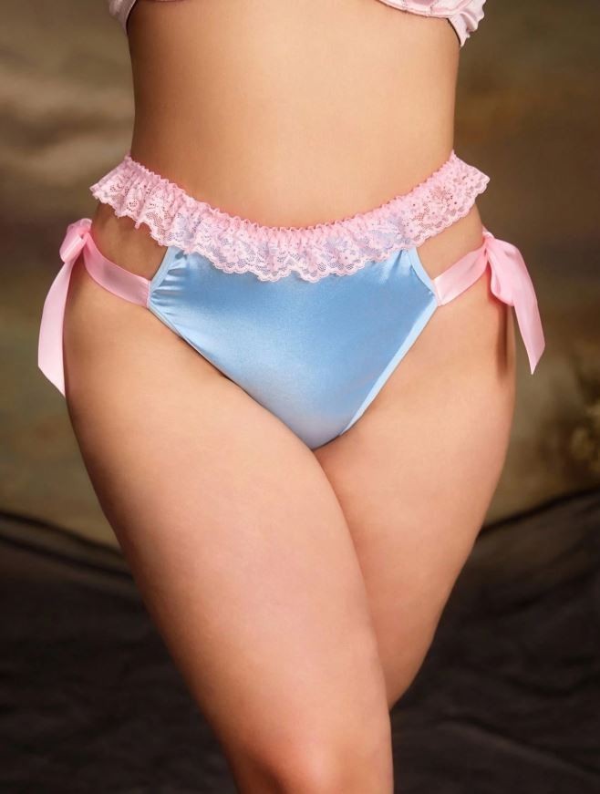 Women plus silky feel satin blue thongs lace trim comfy bows sissy size 18 (XL)