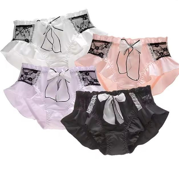 Luxury soft silky feel satin knickers panties black lace bow ruffles UK 8-10 / M