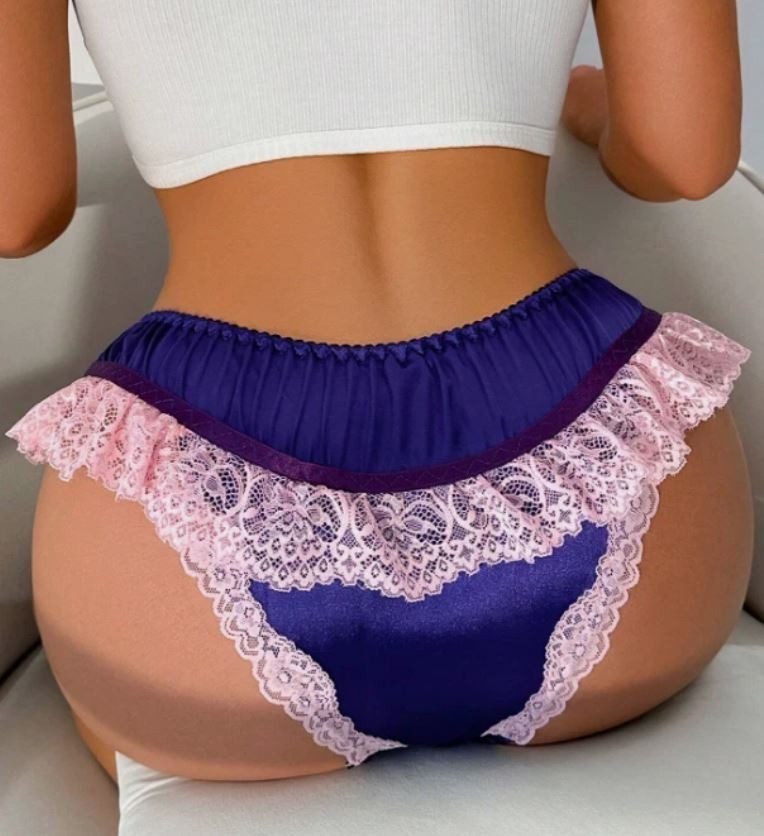 Satin & Lace Frilly Knickers Pink Trim Bow Detail Cute Luxury sissy size L 12-14