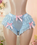 Sissy Satin Lace Frilly Knickers Ruffle Panties Bow silky feel size S UK 8