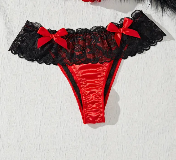 Women's soft silky feel knickers in red with black lace and bow detail open back