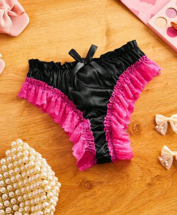 Silky feel black satin panties ruched bum knickers pink trim size UK 16-18 / XL