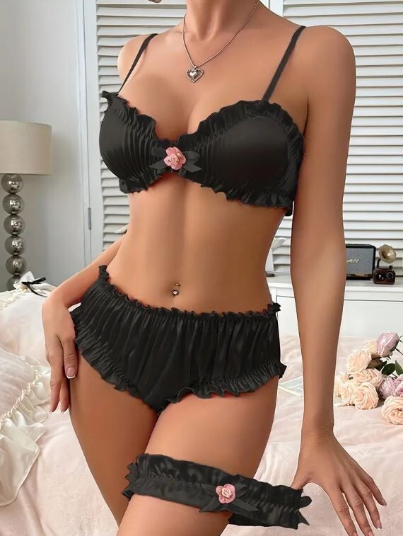 3-piece set satin bra knickers & garter sexy design sissy Pink Black Or White