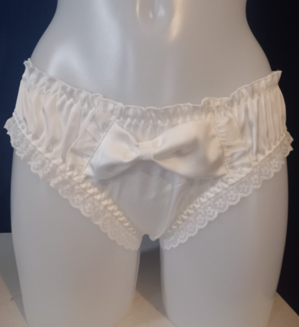 White Cute Shiny Silky feel Bow Detail knickers lace trim panties sissy 10 / M