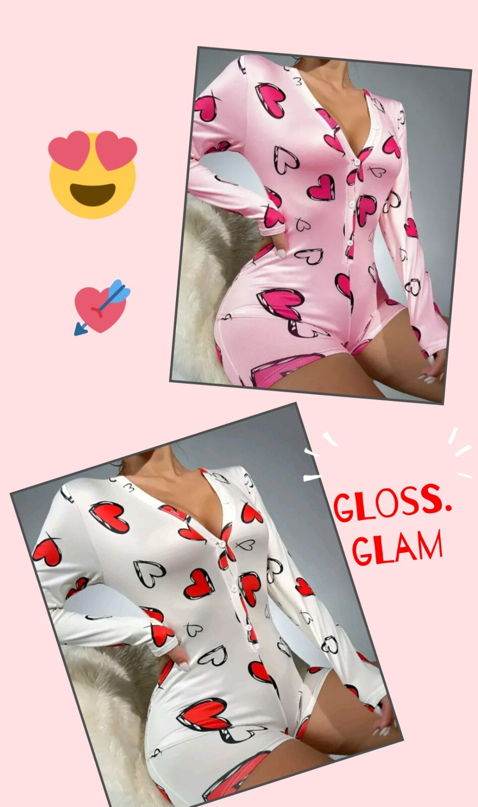 V neck heart print soft feel romper playsuit long sleeve polyester PJ