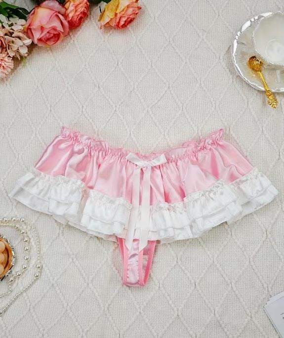 Women Pink Satin Ruffle Skirt Panties Bow Frill Lingerie knickers size 8  S