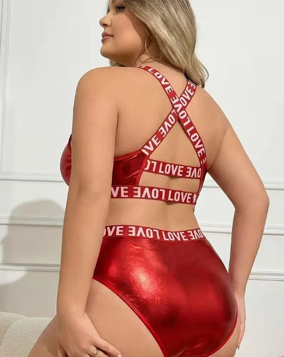 Red Plus Size LOVE print Backless Crisscross soft leather Women size 4XL / UK 24
