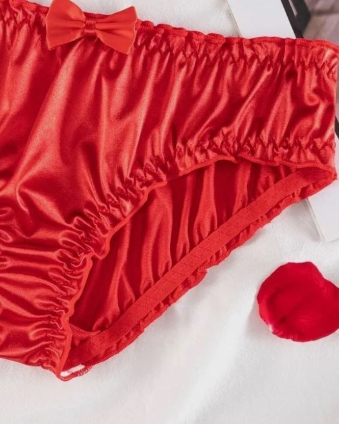 Red Satin Ruched Knickers Cute Bow Trim Girly Coquette sissy knickers size 10 M