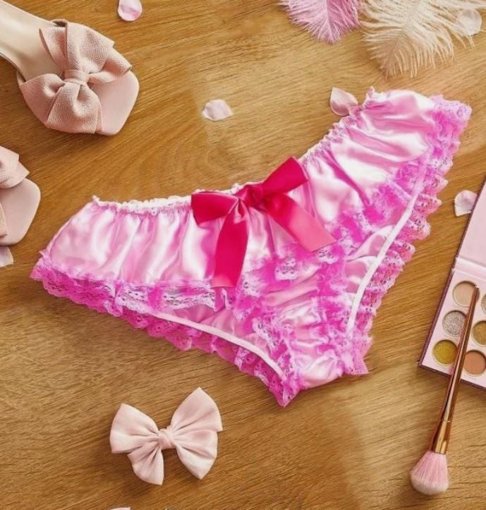 Women’s Pink Satin Lace Bow Bikini Briefs Soft knickers silky feel size M 10