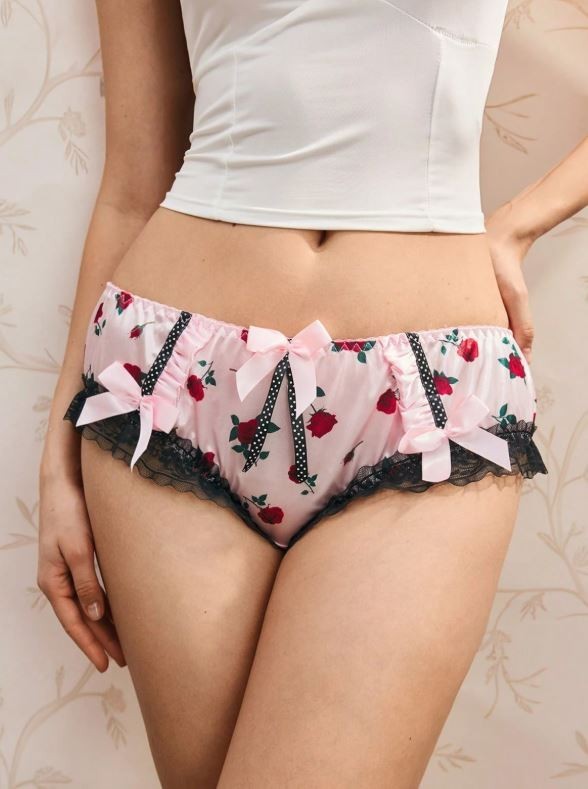 Women's floral lovely satin glossy knickers silky feel panties ruffle trim sissy
