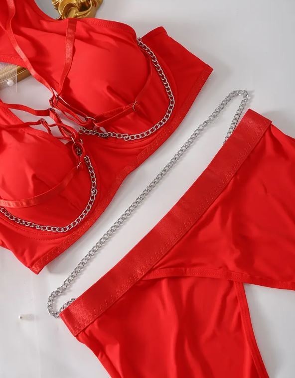 HOT! trendy lingerie 5-piece set soft silky feel satin chain detail women sissy