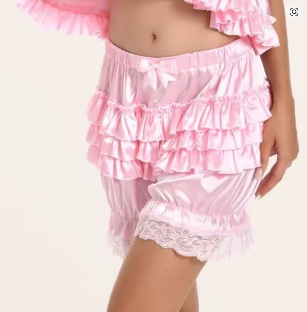 Silky satin bloomers luxury PINK shorts pants ruffled lace sissy size M / UK 10