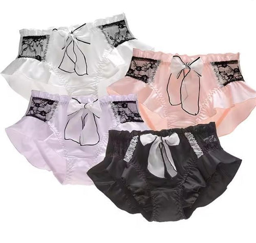 Luxury soft silky feel satin knickers panties black lace bow ruffles UK 12 / L