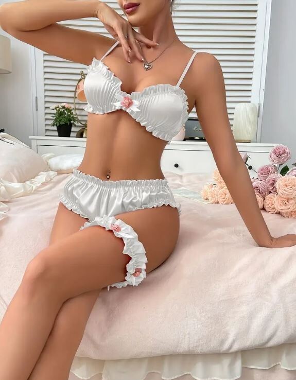 3-piece set satin bra knickers & garter sexy design sissy Pink Black Or White