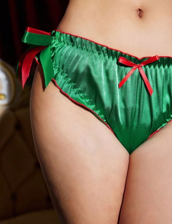 Womens silky feel panties green satin knickers red trim bows sissy size 8 small