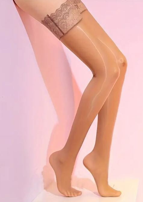 Lace Trimmed Tigh High stockings oil shine coffee luxury sissy CD TV soft feel